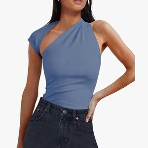 One shoulder top Asymmetrical neck cut out backless top color blue